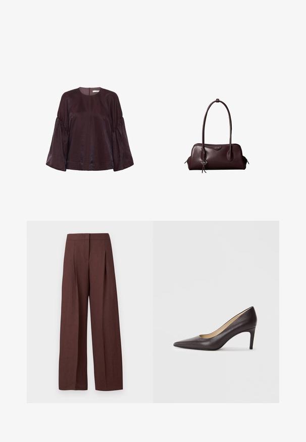 Bordeaux, blouse met lange mouwen en een ronde halslijn, met gegolfde mouwen en een subtiele glans. Voorzien van een rits aan de achterkant.; Bruine broek met hoge taille en wijde pijpen, voorzien van plooien aan de voorkant en een verborgen sluiting, weergegeven op een effen witte achtergrond.; Bruine leren pumps met een spits toelopende neus en een slanke hak van 7 cm, met een glad oppervlak en minimalistisch ontwerp. Zonder zichtbare versieringen.; Donkerbruine leren Calvin Klein handtas met lange dubbele handvatten en een kleine logo-sierhanger die aan één handvat hangt.