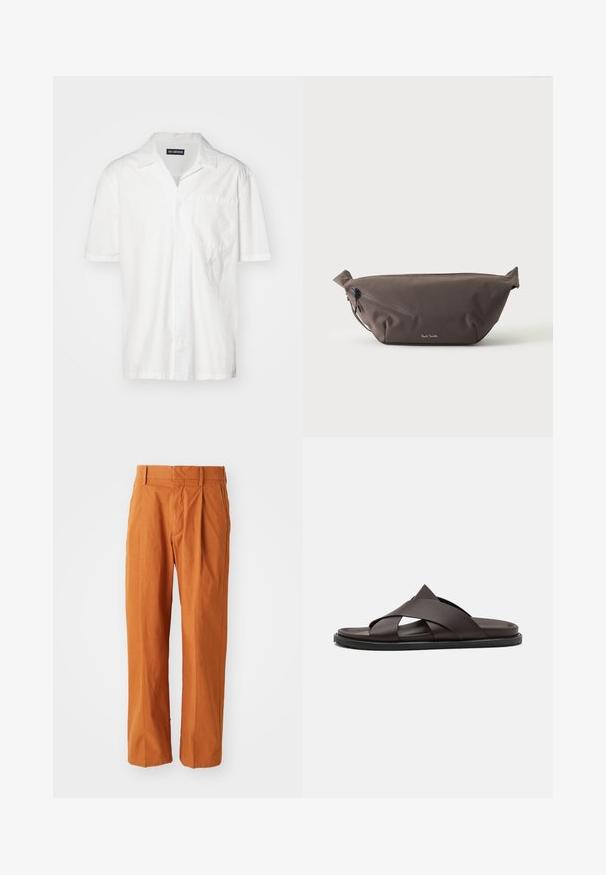 Korte mouwen witte shirt in een katoenmix, met een puntkraag, een borstzak en een subtiele geborduurde accent aan de linkerkant.; Oranje katoenen broek met een rechte pasvorm, voorzien van voorplooien, riemlussen en een gladde textuur. Klassiek ontwerp zonder patronen.; Stuart Weitzman BERKLEY - Muiltjes - espresso; Donkerbruine stoffen heuptas met diagonale ritssluiting en klein wit logo aan de voorkant, tegen een effen lichte achtergrond.