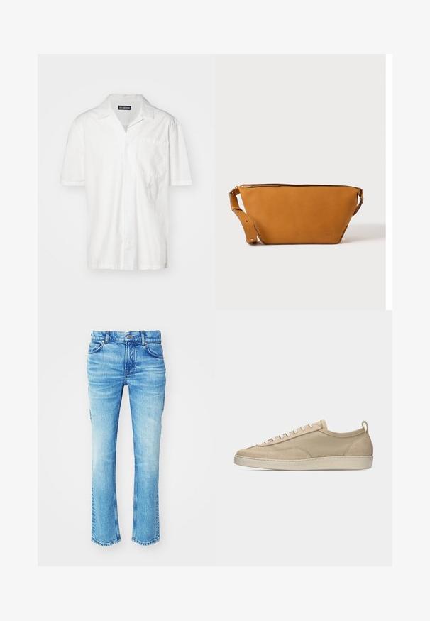 Kurzärmliges weißes Hemd aus Baumwollmischung, mit spitzem Kragen, Brusttasche und einem dezenten gestickten Akzent auf der linken Seite.; Blaue Jeans aus Denim mit einem ausgewaschenen Look, geradem Bein und rohem Saum. Verfügt über einen Fünf-Taschen-Stil und Metallknopf-Details.; Beiger Sneaker mit niedriger Schafthöhe, Obermaterial aus Stoff und Wildleder, weißen Schnürsenkeln, Gummisohle und Fersenlasche, seitlich auf weißem Hintergrund dargestellt.; Hellbraune Leder-Umhängetasche mit verstellbarem Schulterriemen und Reißverschluss, vor einem schlichten hellen Hintergrund gezeigt.