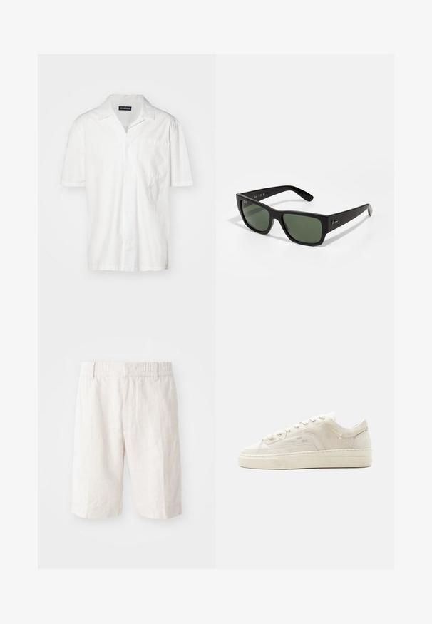 Korte mouwen witte shirt in een katoenmix, met een puntkraag, een borstzak en een subtiele geborduurde accent aan de linkerkant.; Linnen shorts in lichtbeige met een elastische tailleband, zijzakken en een rechte snit. Vlotte textuur met minimaal zichtbare stiksels.; Witte lage sneaker met vetersluiting, gestructureerd stoffen bovenwerk en dikke rubberen zool, gezien vanaf de buitenkant op een effen achtergrond.; Zwarte rechthoekige zonnebril met donkergroene lenzen, met een matte afwerking en een minimalistisch ontwerp. Verfraaid met een klein logo aan de zijkant.
