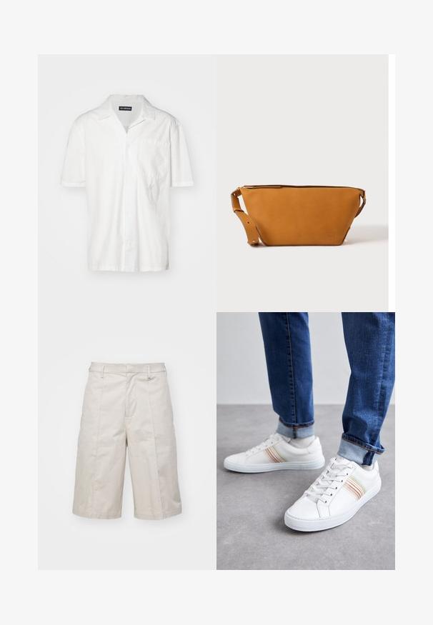 Korte mouwen witte shirt in een katoenmix, met een puntkraag, een borstzak en een subtiele geborduurde accent aan de linkerkant.; Beige katoenen shorts met een rechte snit, knie-lang, met twee voorzakken en subtiele plooien voor extra textuur.; Witte leren sneakers met meerkleurige strepen, vetersluiting, rubberen zool en gevoerd kraagje, gecombineerd met blauwe spijkerbroek.; Lichtbruine leren crossbodytas met verstelbare band en ritssluiting, getoond tegen een effen lichte achtergrond.