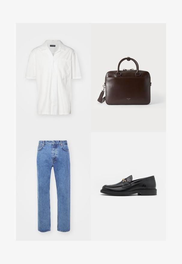 Korte mouwen witte shirt in een katoenmix, met een puntkraag, een borstzak en een subtiele geborduurde accent aan de linkerkant.; Won Hundred STEVE - Relaxed fit jeans - cut blue; Zwarte leren instappers met een ronde neus, voorzien van een gouden hardware accent en stikdetails, geplaatst op een lage, getextureerde rubberen zool.; Donkerbruine leren aktetas met twee handvatten, een afneembare schouderriem en een klein voorlogo op een effen achtergrond.