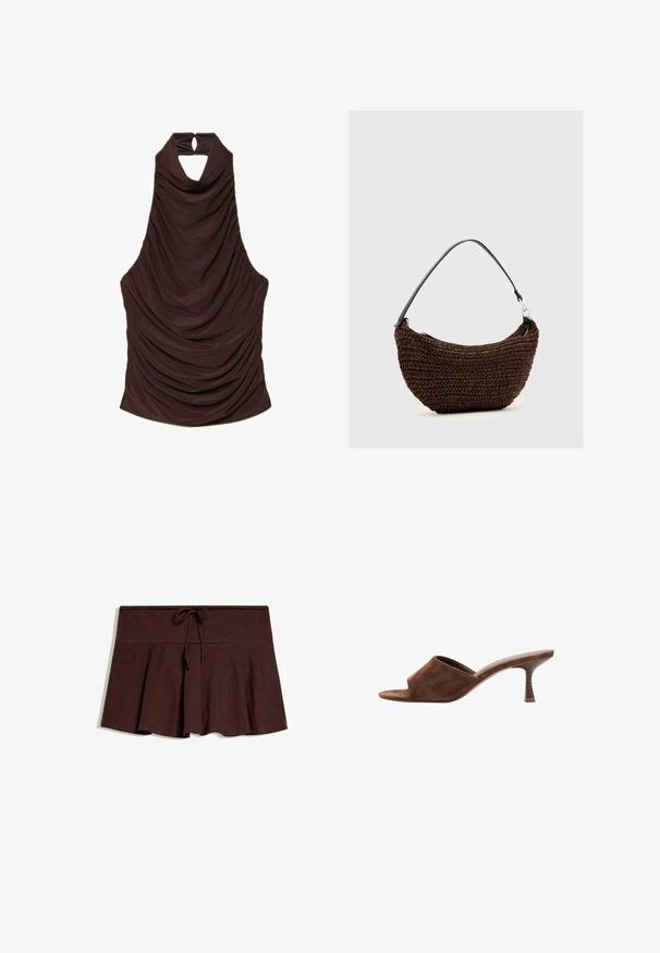 Haut sans manches marron foncé à col licou, avec un tissu drapé formant de doux plis et une petite ouverture en forme de keyhole fermée par un bouton au niveau du col.; Jupe plissée marron foncé avec large ceinture et cordon de serrage au centre devant, posée à plat sur fond blanc.; Mule en daim marron à bout ouvert, talon en bois incurvé de hauteur moyenne et design à enfiler sur fond blanc.; Sac à main tissé marron avec une forme courbée et une bandoulière unique noire sur fond gris clair uni.