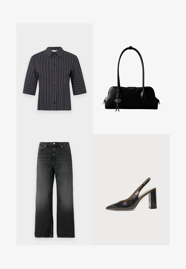 Chemise noire à manches courtes avec boutons, ornée de fines rayures blanches verticales et d'un col pointu, présentée sur un fond blanc uni.; Jean en denim noir avec une coupe décontractée, design à jambe droite, texture délavée, style à cinq poches et bouton argenté de fermeture à la taille.; Chaussure slingback en cuir noir à bout pointu avec un talon bloc haut et une doublure intérieure beige sur un fond clair uni.; Sac à main en cuir noir Calvin Klein avec de longues anses, une étiquette logo à l'avant et un charme géométrique argenté suspendu à une anse.