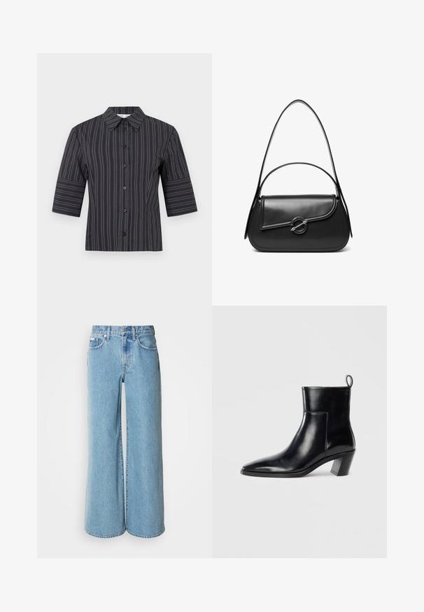 Chemise noire à manches courtes avec boutons, ornée de fines rayures blanches verticales et d'un col pointu, présentée sur un fond blanc uni.; Jean large bleu clair en denim, avec une taille haute, un design à cinq poches et un léger dégradé sur le tissu.; Bottine en cuir noir avec un bout pointu, un talon empilé géométrique et une languette à l'arrière. Texture lisse et design épuré.; Sac à bandoulière en cuir noir avec un rabat incurvé fermé par un fermoir métallique rond et une sangle fine et ajustable.