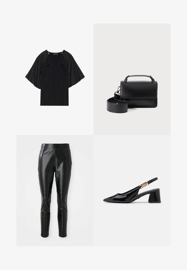 Haut noir avec des manches courtes et volantes et un col rond. Le matériau semble lisse avec un léger éclat. Design décontracté.; Pantalons en cuir noir avec une coupe slim, présentant une texture lisse et une taille haute. Les détails comprennent des accents au niveau des genoux pour un design supplémentaire.; Bottines à talon en vernis noir avec un bout pointu et des accessoires dorés sur la bride, dotées d'un talon bloc. Texture lisse.; Sac à main en cuir noir avec une poignée supérieure et une sangle amovible, présentant une forme rectangulaire et un design minimaliste, sans accents matériels visibles.