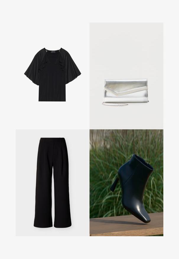 Haut noir avec des manches courtes et volantes et un col rond. Le matériau semble lisse avec un léger éclat. Design décontracté.; Pantalon noir à jambes larges, taille haute, passants pour ceinture et poches latérales, présenté sur fond blanc uni.; Bottines en cuir noir avec un bout pointu et un talon aiguille ; texture lisse et brillante ; elles disposent d'une fermeture éclair sur le côté. Le fond suggère de la végétation.; Pochette argentée brillante avec rabat style enveloppe et garniture décorative, petite bandoulière chaîne argentée, sur fond clair uni.