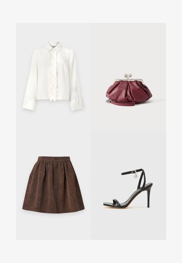 Blouse blanche à manches longues avec col, présentant une patte de boutonnage froncée et des poignets larges. Fabriquée en tissu léger et texturé.; Jupe marron en suédine synthétique coupe trapèze avec taille froncée, passants pour ceinture et fermeture par un seul bouton à l'avant.; Sandale à talon haut noire avec une bride étroite à la cheville, bout carré, cuir lisse et accent de boucle métallique.; Petite pochette en cuir bordeaux avec fermoir en métal argenté et bracelet pour poignet sur fond blanc.