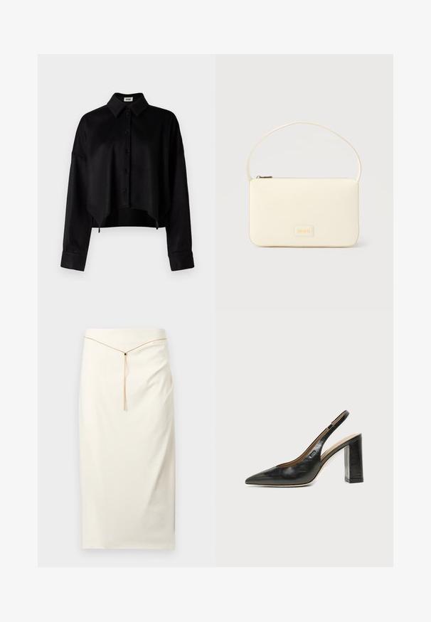 Schwarzes, kurzes Hemd mit Knöpfen und Kragen, das eine glatte Textur, lange Ärmeln und einen abgerundeten Saum hat. Die Knöpfe sind schwarz.; Elfenbeinfarbener Bleistiftrock in knieumspielender Länge mit einem dünnen goldenen Kettengürtel, der ein kleines schwarzes Detail in der vorderen Mitte aufweist.; Schwarzer Leder-Slingback-Schuh mit spitzer Kappe, hohem Blockabsatz und beigegefüttertem Innenraum vor hellem, einfarbigem Hintergrund.; Rechteckige Handtasche in Cremefarbe mit einem einzelnen Trageriemen und Reißverschluss oben, ausgestattet mit einer kleinen, geprägten Logoplakette vorne.