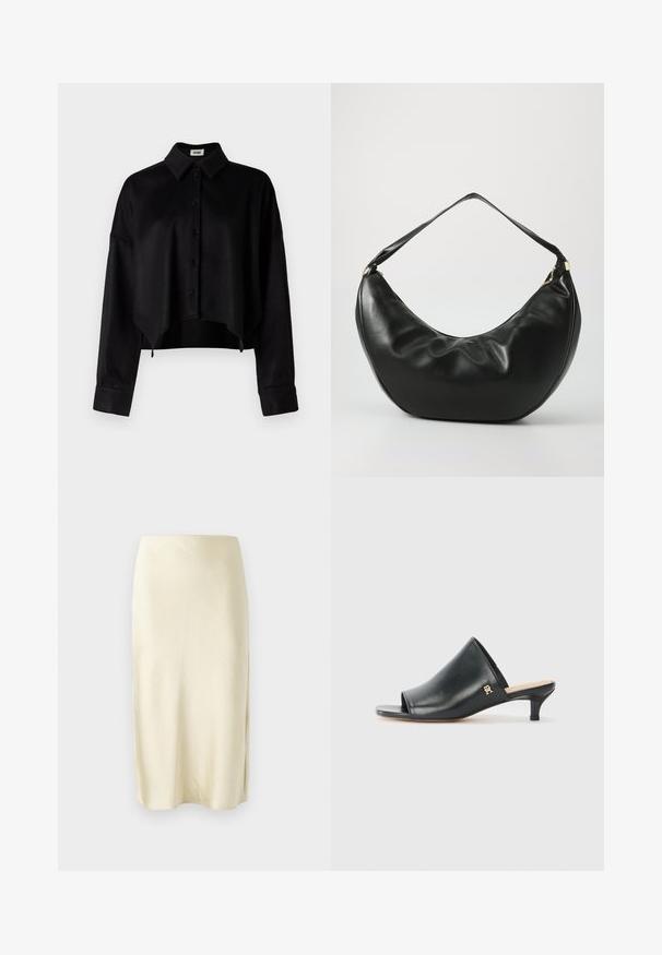 Sort cropped skjorte med knapper og krave, der har en glat tekstur, lange ærmer og en rundet kant. Knapperne er sorte.; Satin midi-nederdel i lys gul med en glat tekstur, der har en sideslids og et lige snit. Enkel og elegant silhuet.; Sorte læder open-toe mules med en lav hæl. Har en glat overflade og et guld logo-prim på siden.; Sort læder skuldertaske med en buet form, blød tekstur og en enkelt rem; har en guldbeslået lynlås og diskret branding.