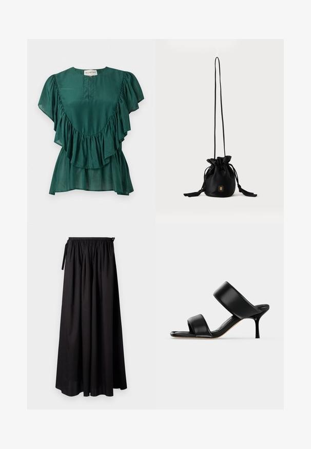 Blouse vert foncé à manches courtes avec des détails volantés le long de la poitrine et des manches, et une petite fermeture éclair à l'avant sous l'encolure.; Jupe longue noire en tissu léger, avec une ceinture élastique à nouer, et une coupe fluide au toucher lisse.; Sandale mule en cuir noir avec deux larges brides et un talon stiletto fin de hauteur moyenne sur un fond clair uni.; Sac seau noir à cordon avec une longue sangle fine et un petit logo carré doré sur le devant, présenté sur un fond uni.