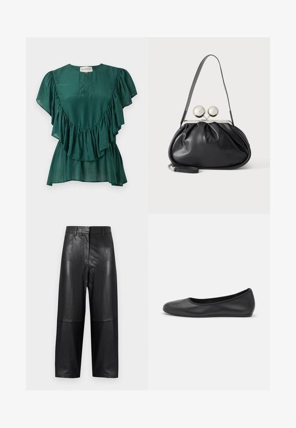 Blouse vert foncé à manches courtes avec des détails volantés le long de la poitrine et des manches, et une petite fermeture éclair à l'avant sous l'encolure.; Pantalon en cuir noir à jambes larges, avec une texture lisse et des détails de coutures. Ceinture et poches visibles.; Ballerines en cuir noir avec un bout rond, texture lisse, détails de couture minimalistes et design de semelle flexible.; Sac à main en cuir noir avec un design plissé, une sangle unique, un cadre métallique argenté et deux grandes fermoirs ronds en argent.