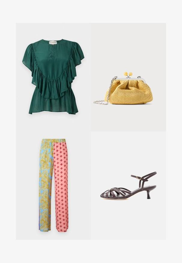 Blouse vert foncé à manches courtes avec des détails volantés le long de la poitrine et des manches, et une petite fermeture éclair à l'avant sous l'encolure.; Pantalon large à taille élastique ; jambe gauche bleue avec un imprimé cachemire doré, jambe droite rose avec un motif losange géométrique rouge.; Sandale à talon kitten en cuir marron foncé avec lanières et bride de cheville réglable à boucle sur fond blanc.; Petit sac à main tissé jaune avec cadre argenté, deux fermoirs boules jaunes et une bandoulière chaîne argentée sur fond blanc.