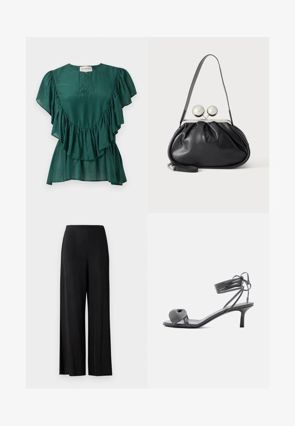 Blouse vert foncé à manches courtes avec des détails volantés le long de la poitrine et des manches, et une petite fermeture éclair à l'avant sous l'encolure.; Pantalons larges noirs en tissu lisse, avec une taille haute et sans poches ni éléments métalliques visibles. Design longueur sol.; Sandale à talon en cuir gris avec une bride nouée sur les orteils et des lacets enroulants autour de la cheville, sur un talon moyen et fin, sur fond blanc.; Sac à main en cuir noir avec un design plissé, une sangle unique, un cadre métallique argenté et deux grandes fermoirs ronds en argent.