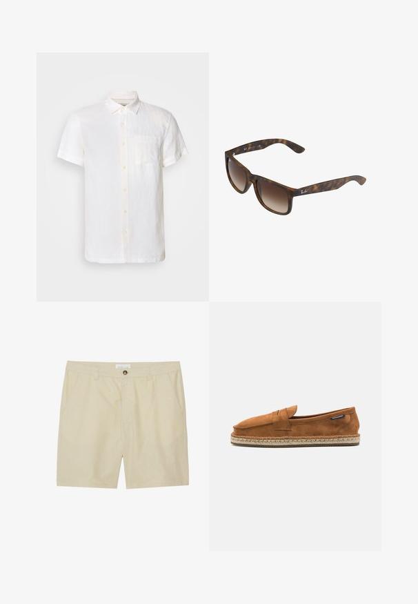 Scotch & Soda CORE SHIRT - Πουκάμισο - off white; Μπεζ σορτσάκια φτιαγμένα από ελαφρύ ύφασμα, με επίπεδο μπροστινό μέρος, πλαϊνές τσέπες και κλείσιμο με ένα μόνο κουμπί στη μέση.; Καφέ σουέτ παπούτσι μισοφέγγαρης με στρογγυλή μύτη, που διαθέτει πλεκτή σόλα από αγαρικό και μία μικρή διακοσμητική λωρίδα μπροστά.; Γυαλιά ηλίου χελώνας με καφετί φακούς βαθμιδωτής απόχρωσης, ορθογώνιο σχήμα, χοντροί σκελετοί και μια ασημένια λογότυπο λεπτομέρεια στο πλάι.