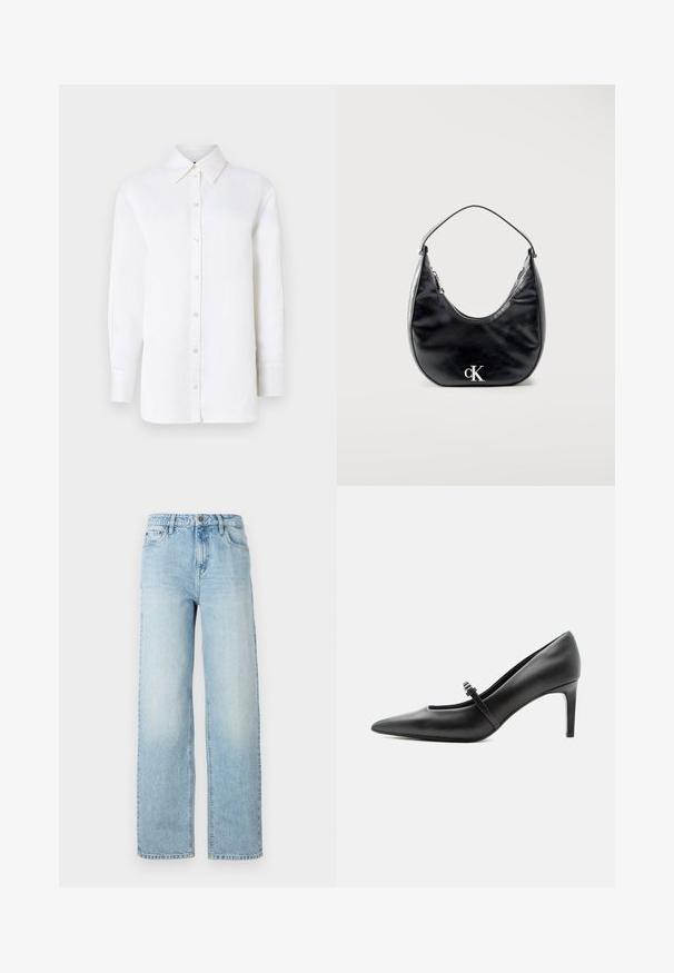 Hvid linned skjorte med knapper, spidse kraver, lange ærmer og knaplukninger. Har en afslappet pasform og en glat tekstur.; Lysblå denim bukser med vid ben, klassisk fem-lomme-design, knaplukning og subtilt slitage for tekstur.; Sort læderspids højhælede sko med tynd rem og spænde over vristen, stående på en neutral lys baggrund.; Sort lædertaske i halvmåneform med kort strop og sølvfarvet "cK"-logo foran, lynlåslukning i toppen.