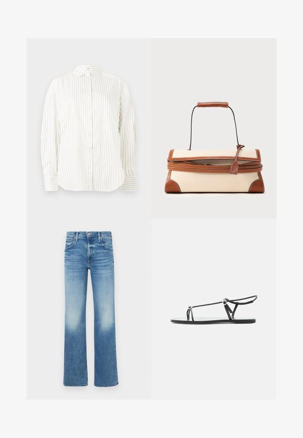 Hvid skjorte med diskrete lodrette gyldne striber, klassisk krave og let puffede ærmer, med strukturerede manchetter med matchende striber.; Mother THE BOOKIE SNEAK - Jeans Relaxed Fit - blue denim; Sort flad sandal med tynde remme, en tå-løkke og en justerbar ankelspænde på en lys grå baggrund.; Rektangulær beige lærreds taske med brun læderkant, top håndtag og en rem viklet rundt om kroppen med en læder mærkat.