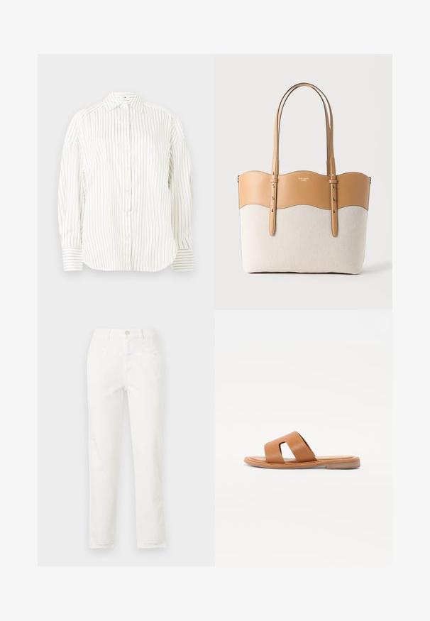 Witte overhemd met subtiele verticale gouden strepen, een klassieke kraag en iets gepofte mouwen, met gestructureerde manchetten met bijpassende strepen.; Witte jeans met rechte pijpen, voorzakken, lussen voor een riem en een knoopsluiting aan de tailleband.; Bruine leren slidesandal met een platte zool, voorzien van een brede band met uitsnijdingen en een gladde textuur. Eenvoudig en minimalistisch ontwerp.; Beige canvas tas met lichtbruine leren rand en verstelbare schouderbanden, met een klein "kate spade new york" logo aan de voorkant.