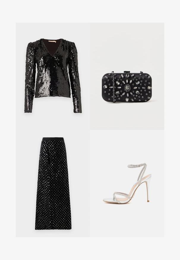 Sort sequined langærmet top med V-hals og puffede skuldre, med en glat, struktureret overflade der reflekterer lys.; Sort velour maxi nederdel prydet med et diamanthulmønster, der har en glat talje og en lige silhuet.; Sølv højhælede sandal med tynde stropper, prydet med rhinsten, og med et elegant design og spids tå.; Sort clutch i rektangulær form, pyntet med forskellige rhinsten i et blomsterdesign, med en sølvkæde til at bære.
