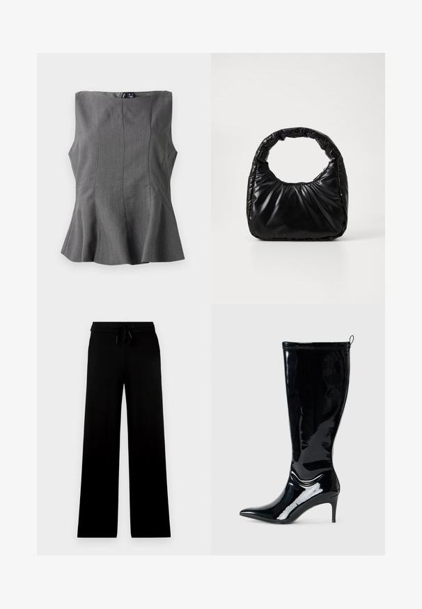Haut peplum gris avec un design structuré et sans manches. Fabriqué en tissu lisse, doté de coutures verticales et d'un décolleté droit.; Pantalon noir à jambes larges avec taille élastique et cordon ajustable, présenté sur un fond clair uni.; Botte en cuir verni noir, hauteur genou, avec un bout pointu et un talon slim haut. Comprend une fermeture éclair à l'arrière et une texture lisse et brillante.; Sac à main noir rembourré avec une poignée arrondie, présentant une surface lisse et brillante ainsi qu'une texture douce et matelassée. Pas de quincaillerie ou d'accents visibles.