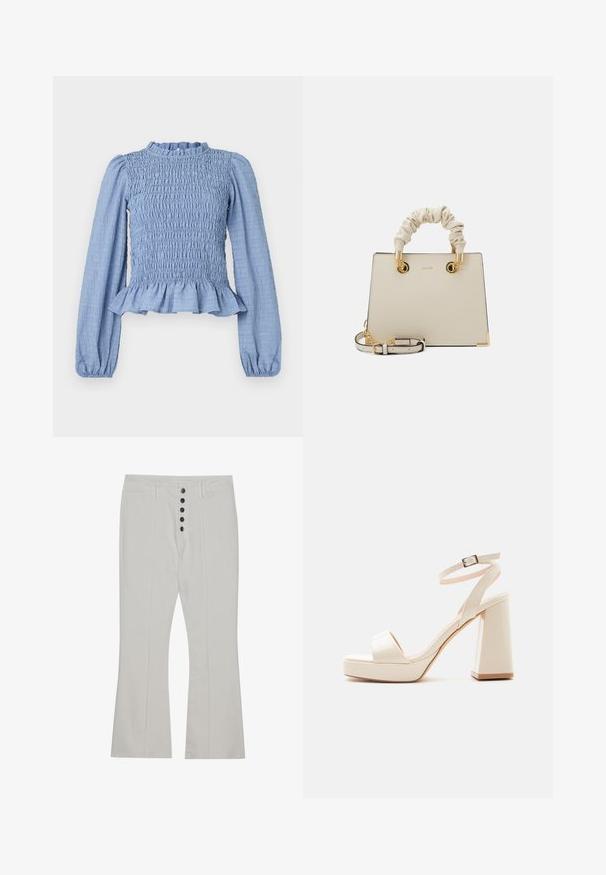 Lyseblå smockbluse med lange ærmer, flæsekrave, peplumslutning og tekstureret stof med en krøllet mønster.; Hvide flare-bukser lavet af denim med høj talje, der har en fem-knaps frontlukning og lodrette sømdetaljer.; Beige platformsandal med tyk blokhæl, åben tå og ankelrem med metalspænde på hvid baggrund.; ALDO BILITHA - Håndtasker - bone/gold-coloured