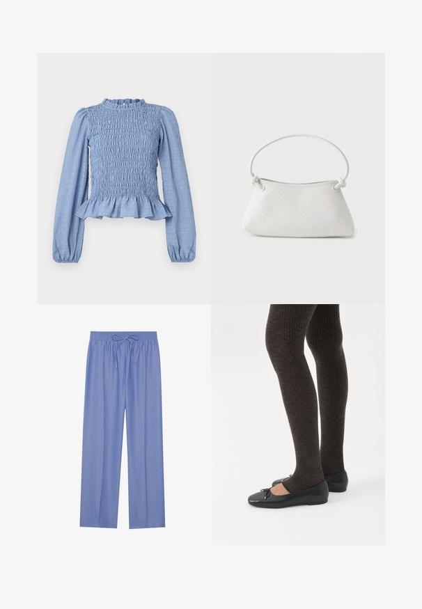 Lichtblauw gerimpeld blouse met lange mouwen, ruches bij de halslijn, een peplumzoom en een gewoven stof met een kreukelpatroon.; Lichtblauwe wijde broek met een elastische tailleband, met subtiele verticale strepen voor textuur. Gemaakt van zachte, ademende stof.; Benen met donkere geribbelde leggings gecombineerd met zwarte ballerina's met kleine strikdetails op een witte achtergrond.; Witte handtas van gevlochten leer met een afgeronde handgreep en uiteinden van de band die geknoopt zijn, afgebeeld tegen een effen achtergrond.