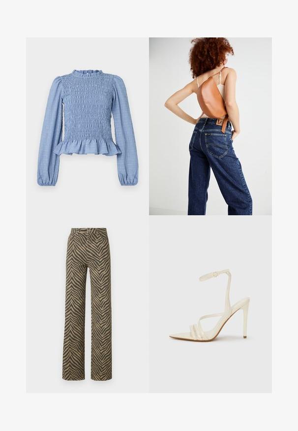 Lyseblå smockbluse med lange ærmer, flæsekrave, peplumslutning og tekstureret stof med en krøllet mønster.; Bukser med vide ben i et zebra-stribet mønster, med beige og sorte farver, lavet af tekstureret stof og med det traditionelle design med fem lommer.; Beige sandaler med høje hæle og spids tå, med tre stropper foran og en tynd ankelrem med spænde. Glat tekstur, minimalistisk design.; Brun læder rygsæk med et unikt buet design. Båret diagonalt, parret med højlivet blå denimjeans med gul syning.