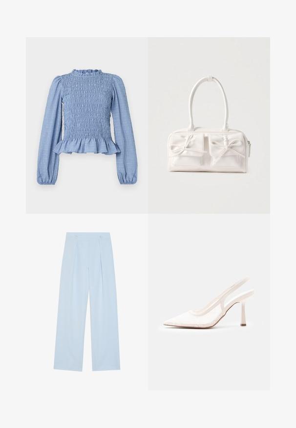 Blusa azul claro con fruncidos, mangas largas, escote con volantes, dobladillo peplum y tejido texturizado con un patrón arrugado.; Pantalones de tiro ancho en azul claro con dos pliegues delanteros, dos botones en la cintura y una textura de tela suave.; Zapato de tacón alto blanco con puntera puntiaguda, tira trasera y parte superior de encaje de malla, sobre un fondo liso de color gris claro.; Bolso sintético blanco con dos bolsillos delanteros, cada uno con un detalle de lazo atado. Textura suave, asas redondeadas y cierre de cremallera.