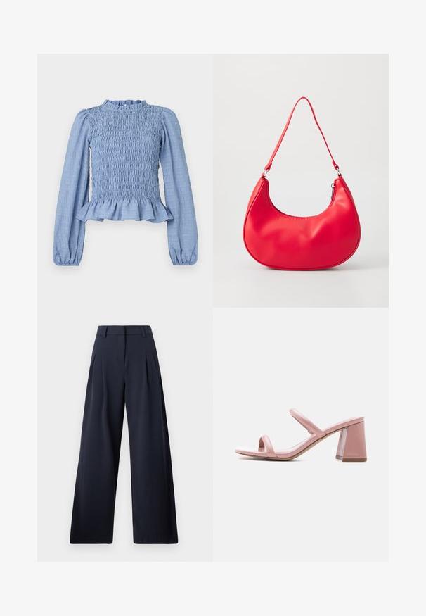 Lyseblå smockbluse med lange ærmer, flæsekrave, peplumslutning og tekstureret stof med en krøllet mønster.; Marineblå wide-leg bukser med en glat overflade, der har forlænget folder og et klassisk taljebånd, designet til en afslappet pasform.; Pink laklæder sandal med hæl, to tynde remme og en blokhæl på hvid baggrund.; Rød syntetisk læder skuldertaske med en buet form, slank rem og lynlås lukning. Glat tekstur med synlige syninger.