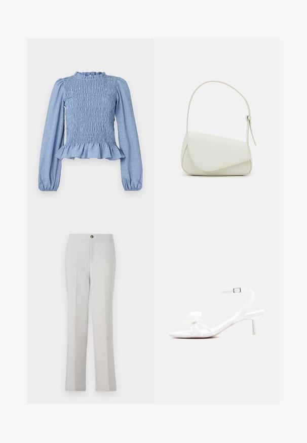 Blusa azul claro con fruncidos, mangas largas, escote con volantes, dobladillo peplum y tejido texturizado con un patrón arrugado.; Pantalones rectos de color gris claro, confeccionados en una tela suave, que presentan un cierre frontal con botón, bolsillos laterales y un corte entallado.; Sandalia blanca con tiras, tacón bajo tipo kitten, correa con hebilla en el tobillo y una flor decorativa en la tira delantera.; Bolso de mano de imitación cuero blanco con una forma triangular estructurada, correa ajustable única y cierre con solapa acentuada en curva.