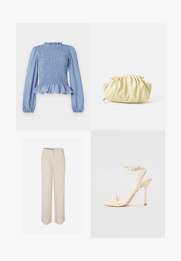Lyseblå smockbluse med lange ærmer, flæsekrave, peplumslutning og tekstureret stof med en krøllet mønster.; Beige linnedbukser med et lige ben-design, der har en glat tekstur og en let glans. Indeholder linning og diskrete forlommer.; Beige højhælede sandaler med en slank ankelrem og firkantet tå. Glat syntetisk materiale, minimalistisk design og stiletto-hæl.; Gul plisseret håndtaske lavet af glat kunstlæder, med en blød form, en enkelt skulderrem og samlet topdesign.
