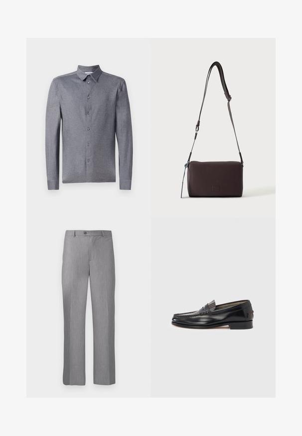 Chemise grise à manches longues avec col classique, en tissu léger et texturé, dotée de six boutons à l'avant.; Pantalons habillés gris sur mesure avec passants de ceinture, bouton frontal et braguette zippée, dotés d'une coupe droite.; Mocassins en cuir noir avec un design de style mocassin, présentant une bande décorative et un détail de couture sur le dessus. Talon bloc bas.; Sac bandoulière en cuir marron foncé texturé avec une sangle réglable et un petit accent décoratif bleu sur le côté.