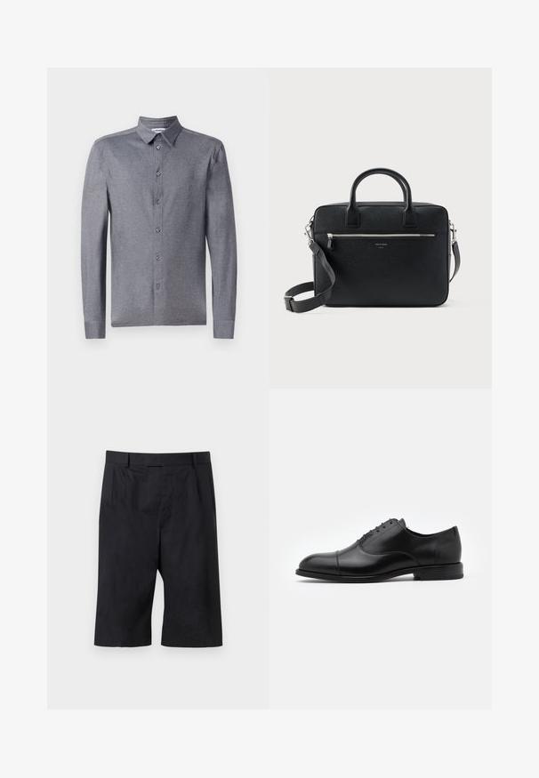 Chemise grise à manches longues avec col classique, en tissu léger et texturé, dotée de six boutons à l'avant.; Shorts noirs sur mesure longueur genou avec passants pour ceinture et plis à l'avant, posés à plat sur un fond gris clair.; Chaussure habillée en cuir noir avec un bout arrondi, un design à lacets et des détails de couture subtils. Présente un petit talon et une texture lisse.; Serviette rectangulaire en cuir noir texturé avec double poignée, poche avant zippée et bandoulière réglable présentée sur fond blanc.