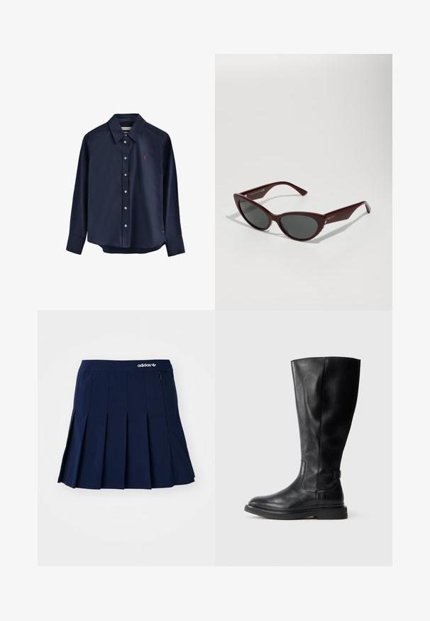 Marineblauw overhemd met lange mouwen, gemaakt van gladde stof. Heeft een puntige kraag, knoopsluiting en een klein rood logo op de borst.; Marineblauwe plooienrok van lichtgewicht stof; heeft een elastische tailleband en een klein zipvak, met een wit Adidas-logo op de voorkant.; Zwarte leren kniehoge laars met een ronde neus, iets gestructureerde bovenkant en rubberen zool. Voorzien van een zijpaneel voor gemakkelijke instap.; Bordeaux cat-eye zonnebril met donkere lenzen, gladde kunststof montuur en gouden accenten aan de zijkanten. Stijlvol en hoekig ontwerp.