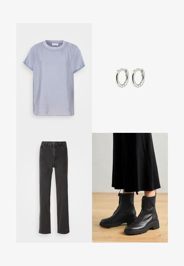Lysblå kortærmet T-shirt i et glat, let blankt stof. Har en rund halsudskæring og en afslappet, boksformet silhuet. Minimalistisk design.; Sorte denim jeans med lige skæring, høj talje, fem lommer og knaplukning. Materialet har en let tekstur, uden synlige mønstre.; Sorte læder ankelstøvler med en kraftig platformsål og en frontlynlås. Glat tekstur med et minimalistisk design.; Sølv hoops øreringe med en glat, shiny finish. Rundet form med en sikker lukning. Minimalistisk design med en subtil twist-detalje.
