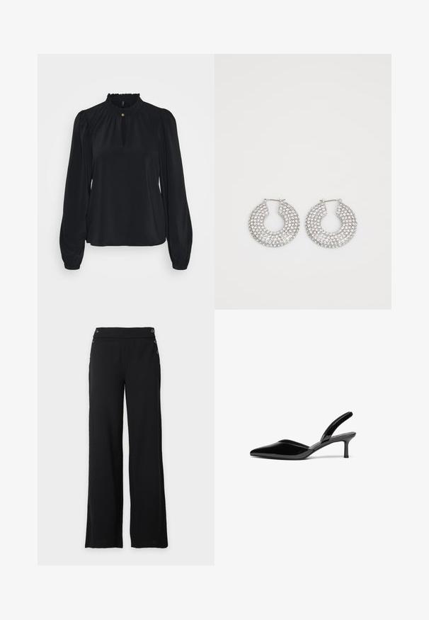 Zwarte blouse van zachte stof met een hoge ruchesneklijn, een sleutelgatopening aan de voorkant en lange pompoenmouwen met aansluitende manchetten.; Zwarte broek met wijde pijpen, hoge taille en decoratieve knopen aan de voor- en zijkant.; Zwarte gepolijste leren slingback hakken met een puntige neus, een lage stiletto hak en een elegant, eenvoudig ontwerp zonder versieringen.; Zilveren hoepeloorbellen versierd met meerdere heldere kristalaccenten, met een gestructureerd oppervlak en een open cirkelvormig ontwerp.