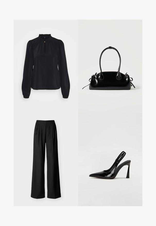 Blouse noire en tissu doux avec un col froncé haut, une ouverture en forme de clé à l'avant, et de longues manches bouffantes avec des poignets ajustés.; Pantalon noir taille haute à jambes larges avec plis avant et poches latérales, présenté sur un fond clair uni.; Escarpin en cuir verni noir à talon aiguille, à bout pointu, avec une sangle élastique double pour un maintien sécurisé. Surface lisse et brillante.; Petit sac à main noir brillant avec deux longues anses et des détails à cordon sur les côtés sur un fond clair uni.
