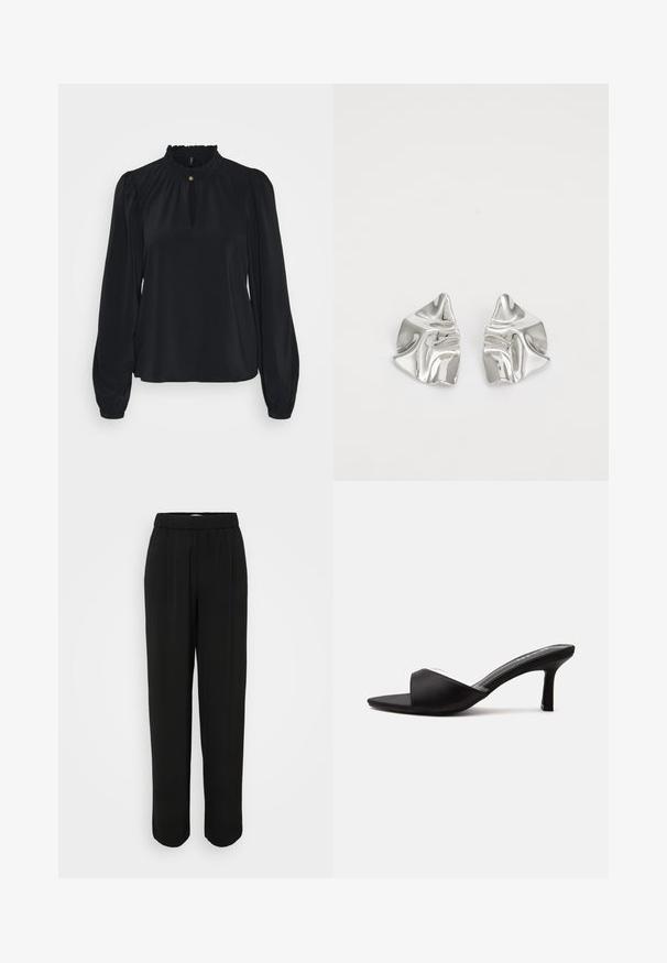 Blouse noire en tissu doux avec un col froncé haut, une ouverture en forme de clé à l'avant, et de longues manches bouffantes avec des poignets ajustés.; Pantalons noirs à coupe ample, avec une taille élastique et des jambes droites. Fabriqués en tissu lisse sans motifs visibles ni accessoires.; Mule noire à bout ouvert avec un talon moyen et fin, et une large bride sur l'avant, vue de profil sur un fond uni.; Boucles d'oreilles en métal argenté avec un design ondulé et sculptural, présentant une finition polie et des formes irrégulières, mettant en valeur une esthétique contemporaine.