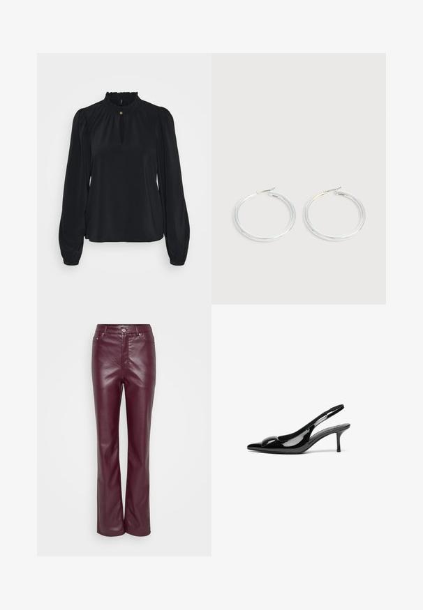 Zwarte blouse van zachte stof met een hoge ruchesneklijn, een sleutelgatopening aan de voorkant en lange pompoenmouwen met aansluitende manchetten.; Bordeaux leren broek met een aansluitende taille, rechte pijpen, minimale stiksels en een zilveren knoopsluiting. Glad textuur met een lichte glans.; Zwarte gepatineerde leren slingback hakken met een puntige neus en een glanzende afwerking. Heeft een slanke hak en een ronde accent op de bovenkant.; Een paar glanzende zilveren oorringen met dunne draadafsluitingen, getoond op een lichtgrijze achtergrond.