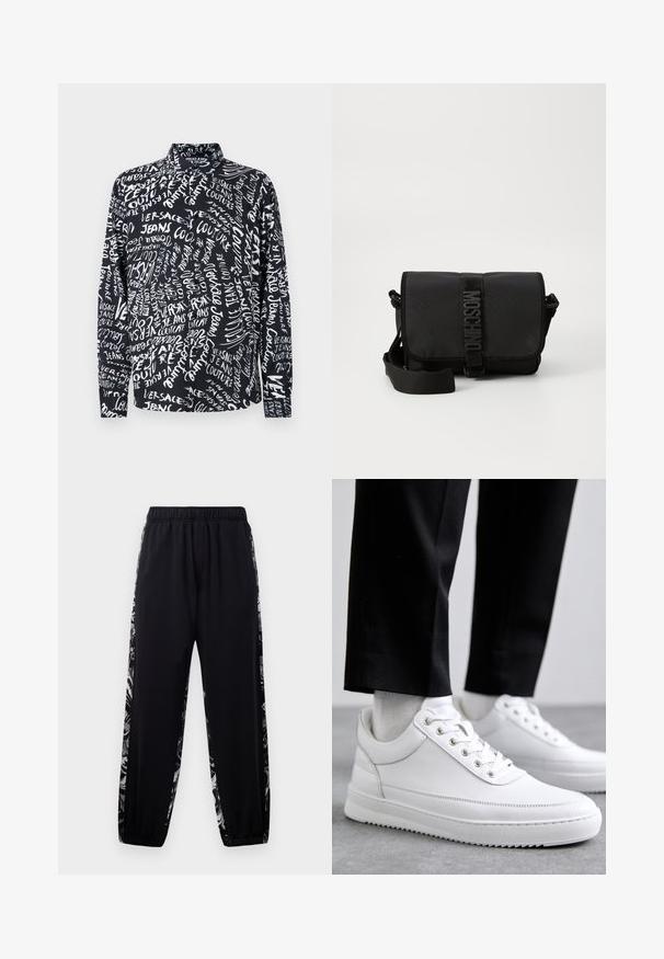 Schwarzes Langarmshirt mit weißem "Versace Jeans Couture"-Schriftzug in verschiedenen Schriftarten und Größen, mit hohem Kragen und entspannter Passform.; Schwarze Jogginghose mit elastischem Bund und Bündchen, die graue und weiße Blumenmuster-Streifen entlang der Außenseiten der Beine aufweist.; Weiße Leder-Sneaker mit flacher Gummisohle, ausgestattet mit einer glatten Oberfläche, runder Zehenpartie und Metallösen für die Schnürsenkel. Getragen mit schwarzen Hosen.; Schwarze Nylon-Crossbody-Tasche mit Klappe, ausgestattet mit einem auffälligen Logo-Gurtverschluss, verstellbarem Tragegurt und seitlichen Steppnähten.