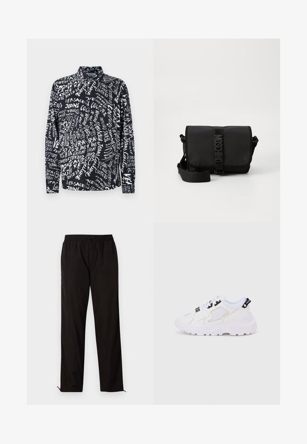 Čierna košeľa s dlhým rukávom s bielym textom "Versace Jeans Couture" v rôznych písmach a veľkostiach, so vysokým golierom a uvoľneným strihom.; Čierne ľahké nohavice s elastickým pásom, sťahovacím pásom a zipsami na spodnej časti, ktoré umožňujú prispôsobiť veľkosť. Hladká, lesklá textura.; Biele športové tenisky s robustnou podrážkou, sieťovinovým a syntetickým zvrškom, čiernymi akcentmi a šnúrkami. Textúrovaný dizajn a logo na päte.; Čierna nylonová crossbody taška s chlopňou, ktorá má výrazné uzatváranie na popruh s logom, nastaviteľný popruh a detaily bočného šitia.