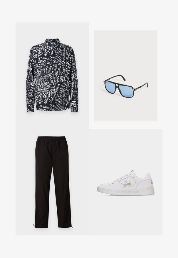 Schwarzes Langarmshirt mit weißem "Versace Jeans Couture"-Schriftzug in verschiedenen Schriftarten und Größen, mit hohem Kragen und entspannter Passform.; Schwarze leichte Hose mit elastischem Bund, Kordelzugverschluss und Reißverschluss am Saum für eine verstellbare Passform. Glatte, elegante Textur.; Weißer Sneaker mit niedrigem Schaft, perforierten Details, Schnürverschluss und goldenen "Versace Jeans Couture"-Logos an der Seite und Ferse.; Schwarze Sonnenbrille mit rechteckigem Rahmen und hellblau getönten Gläsern, die auf einer weißen Fläche liegen.
