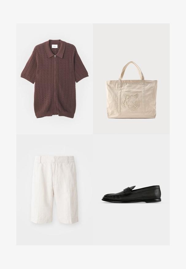 Korte mouwen bordeaux gebreid ritshemd met een getextureerd golfpatroon en een open kraag, met ribgebreide manchetten en zoom.; Linnen shorts in lichtbeige met een elastische tailleband, zijzakken en een rechte snit. Vlotte textuur met minimaal zichtbare stiksels.; Zwarte leren loafer met lage hak en een banddetail over de bovenzijde, weergegeven in zijprofiel op een lichte achtergrond.; Beige canvas tas met dubbele handvatten en een reliëf ontwerp van een wolfskop op het voorvak.