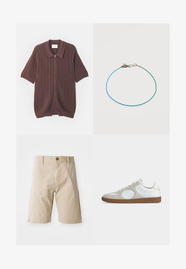 Chemise zippée à manches courtes de couleur bordeaux en tricot, avec un motif de vagues texturé et un col ouvert, dotée de poignets et d'un ourlet côtelés.; Shorts en coton beige avec fermeture à bouton, passants de ceinture et poches latérales ; texture lisse et silhouette droite.; Baskets décontractées à profil bas avec tige en cuir blanc, accents en daim beige clair, bout rond, lacets blancs et semelle en gomme.; Bracelet délicat en perles avec de petits perles carrées bleues et vertes et un fermoir à crochet en argent sur fond blanc.