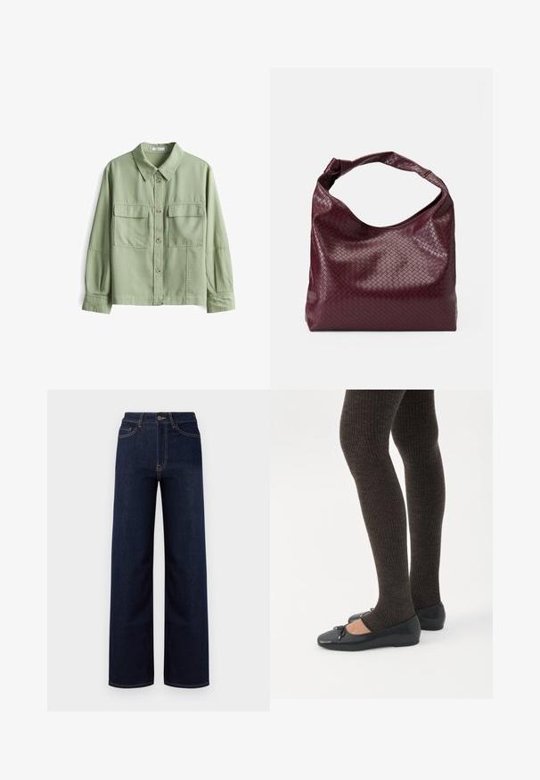 Groene button-up overhemd van zachte stof met een kraag, twee voorkruiszakken en lange mouwen met manchetdetails.; Donkerblauwe wijde jeans van denim, met een hoge taille, vier zakken en contrasterende stiksels langs de naden.; Benen met donkere geribbelde leggings gecombineerd met zwarte ballerina's met kleine strikdetails op een witte achtergrond.; Bordeauxrode tas met een gestructureerd, geweven patroon, zacht leermateriaal en een enkele, geknoopte handgreep. Ruim, hobo-stijl ontwerp.