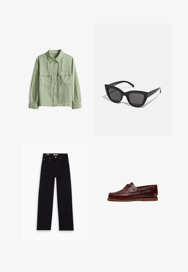 Groene button-up overhemd van zachte stof met een kraag, twee voorkruiszakken en lange mouwen met manchetdetails.; Zwarte denim jeans met een recht model, vijf zakken, koperen hardware en een gladde textuur. Twee labels zichtbaar op de tailleband.; Bruine leren boot schoen met veters, stiksel details en Timberland-logo aan de zijkant, weergegeven op een witte achtergrond.; Zwarte cat-eye zonnebril met een matte afwerking, voorzien van grijs getinte glazen, scherpe hoeken en slanke zijarmen. Merkennaam zichtbaar op de binnenarm.