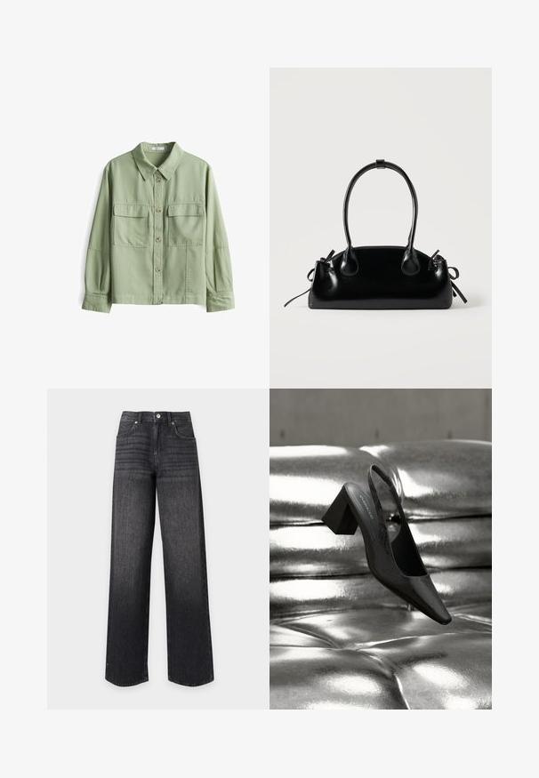 Groene button-up overhemd van zachte stof met een kraag, twee voorkruiszakken en lange mouwen met manchetdetails.; Zwarte denim jeans met hoge taille en rechte pijpen, voorzakken, riemlussen, knoop en ritssluiting op een witte achtergrond.; Zwarte slingback hak met een puntige neus, voorzien van een getextureerd oppervlak en een stevige blokhak. Geplaatst tegen een glanzende, metallic achtergrond.; Kleine zwarte glanzende handtas met twee lange hengsels en zijkant trekkoord details op een effen lichte achtergrond.