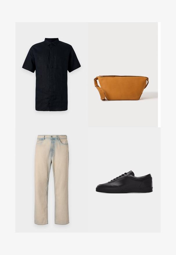 Chemise en lin bleu marine à manches courtes avec un col boutonné, présentant un plastron avant avec des boutons et une surface lisse et texturée.; Jean en denim beige clair avec une coupe droite, des accents bleu délavé, cinq poches et une fermeture à bouton à la taille.; Baskets basses en cuir noir avec lacets sur le devant et semelle en caoutchouc plate, vues de côté sur un fond blanc uni.; Sac bandoulière en cuir marron clair avec sangle réglable et fermeture éclair, présenté sur un fond clair uni.