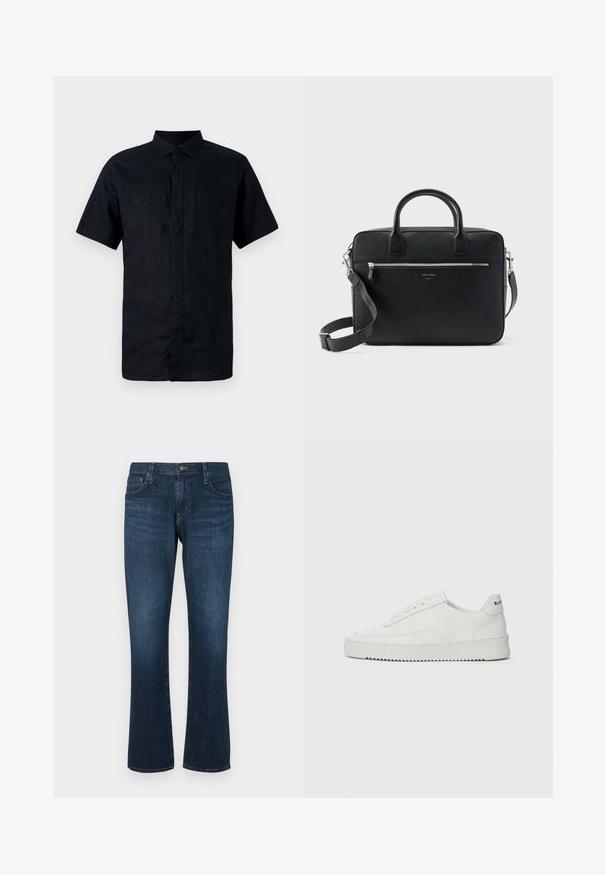Chemise en lin bleu marine à manches courtes avec un col boutonné, présentant un plastron avant avec des boutons et une surface lisse et texturée.; Jean en denim bleu foncé avec une coupe droite, cinq poches et une fermeture à bouton en métal. Texture lisse avec un léger dégradé.; Baskets en cuir blanc avec une finition lisse, bout arrondi, lacets plats et semelle texturée. Présente un logo discret sur le talon.; Serviette rectangulaire en cuir noir texturé avec double poignée, poche avant zippée et bandoulière réglable présentée sur fond blanc.