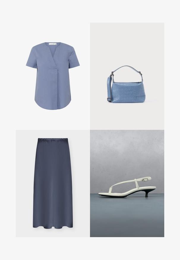 Blouse à manches courtes, col en V, de couleur bleu clair, présentant un détail plissé à l'avant, un ourlet arrondi et une texture lisse.; Jupe bleu marine mi-longue avec taille élastique et tissu lisse, présentée à plat sur un fond clair.; Sandale blanche à talon kitten avec des lanières et un bout pointu, flottant au-dessus d'un sol en carrelage en bois en plein air avec un arrière-plan flou de plante et de mur.; Sac à main bleu clair embossé façon crocodile avec une poignée courte et une bandoulière amovible. Texture lisse avec une fermeture éclair.